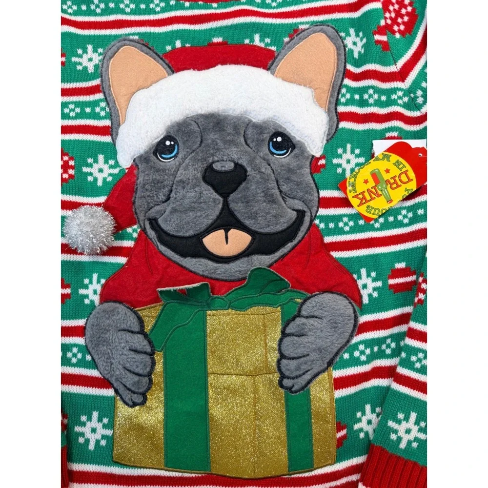 33 Degrees Mens French Bulldog Ugly Christmas Sweater Red Green Fair Isle Size M